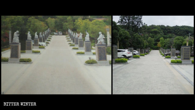 Les dix-huit statues d’Arhat de chaque côté du chemin de Bodhi au temple Shengquan ont été démantelées.