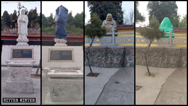 Deux statues bouddhistes construites en plein air (Ksitigarbha Bodhisattva et le bouddha Maitreya) dans un temple situé sur le mont Kunlun, dans la commune de Kunlun, district de Zichuan, ont également été recouvertes.