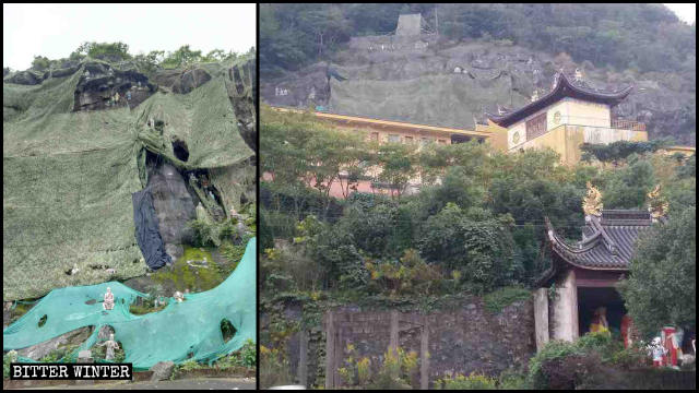 Les statues d’Arhats au temple Zhenlong couvertes.