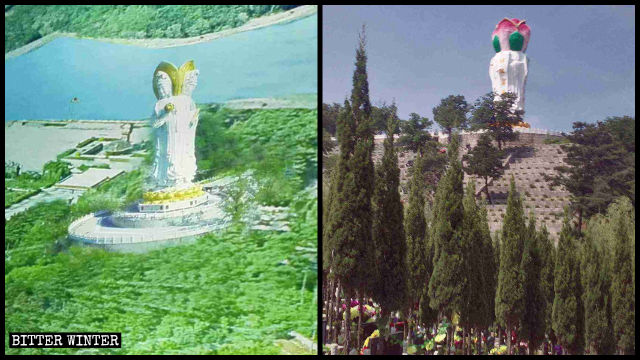 La tête de la statue de « Guanyin aux Quatre visages » a été altérée pour prendre la forme d’une fleur de lotus.