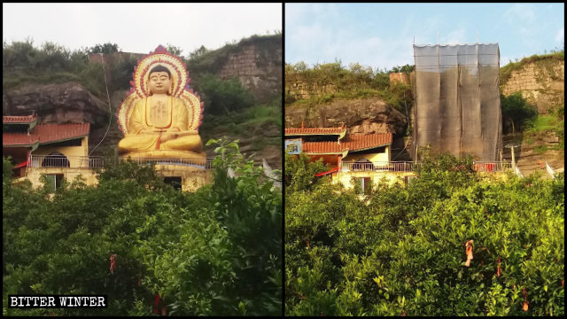 La statue de Tathagata, haute d’environ 10 mètres, au temple de Shuangquan dans la commune de Changsha a été détruite.