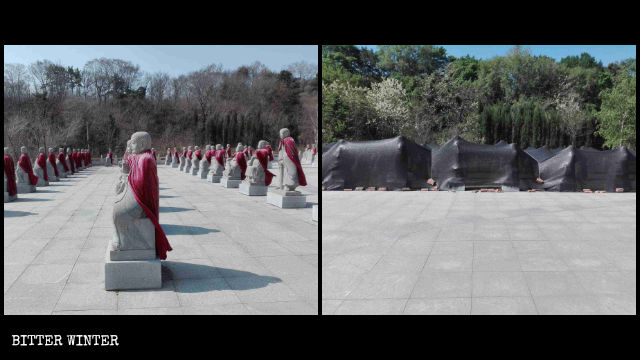 Les 500 statues d’Arhat du temple Shanyuan dans la ville de Fushun avant et après leur démantèlement.