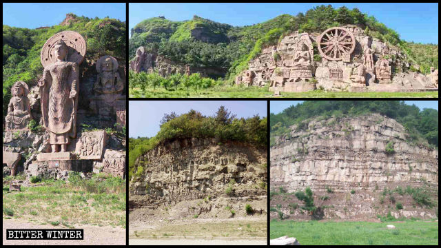 L’œuvre sculptée à flanc de falaise et baptisée « Lumière du bouddhisme » a été démolie ne laissant plus qu’un précipice dénudé.